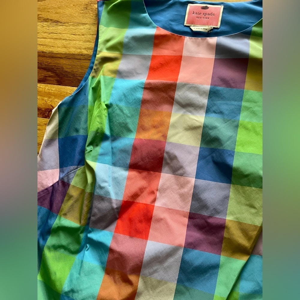 ♠️Kate Spade Madras Taffeta Shift Dress, Blue Multi-Color. Small. EUC - Picture 3 of 10